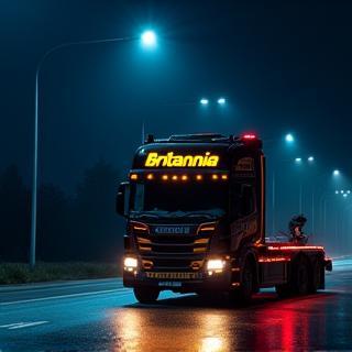 Nighttime view with Britannia recovery truck