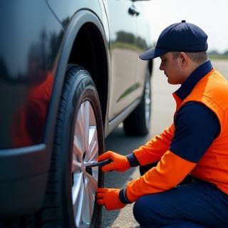 Roadside assistance technician fixing a flat tire